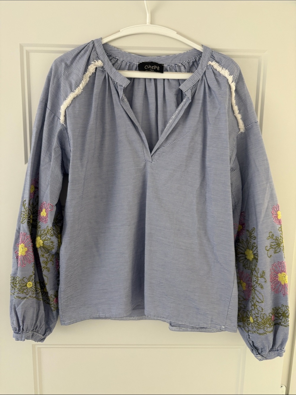 Chepa Blue Striped Embroidered Floral Peasant Blouse